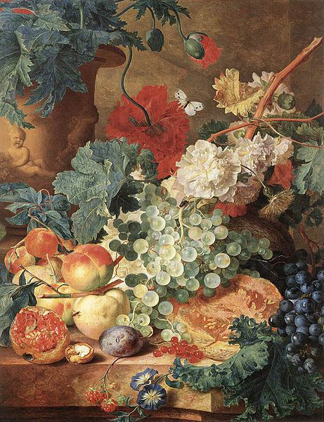 Still life with flowers and fruit.